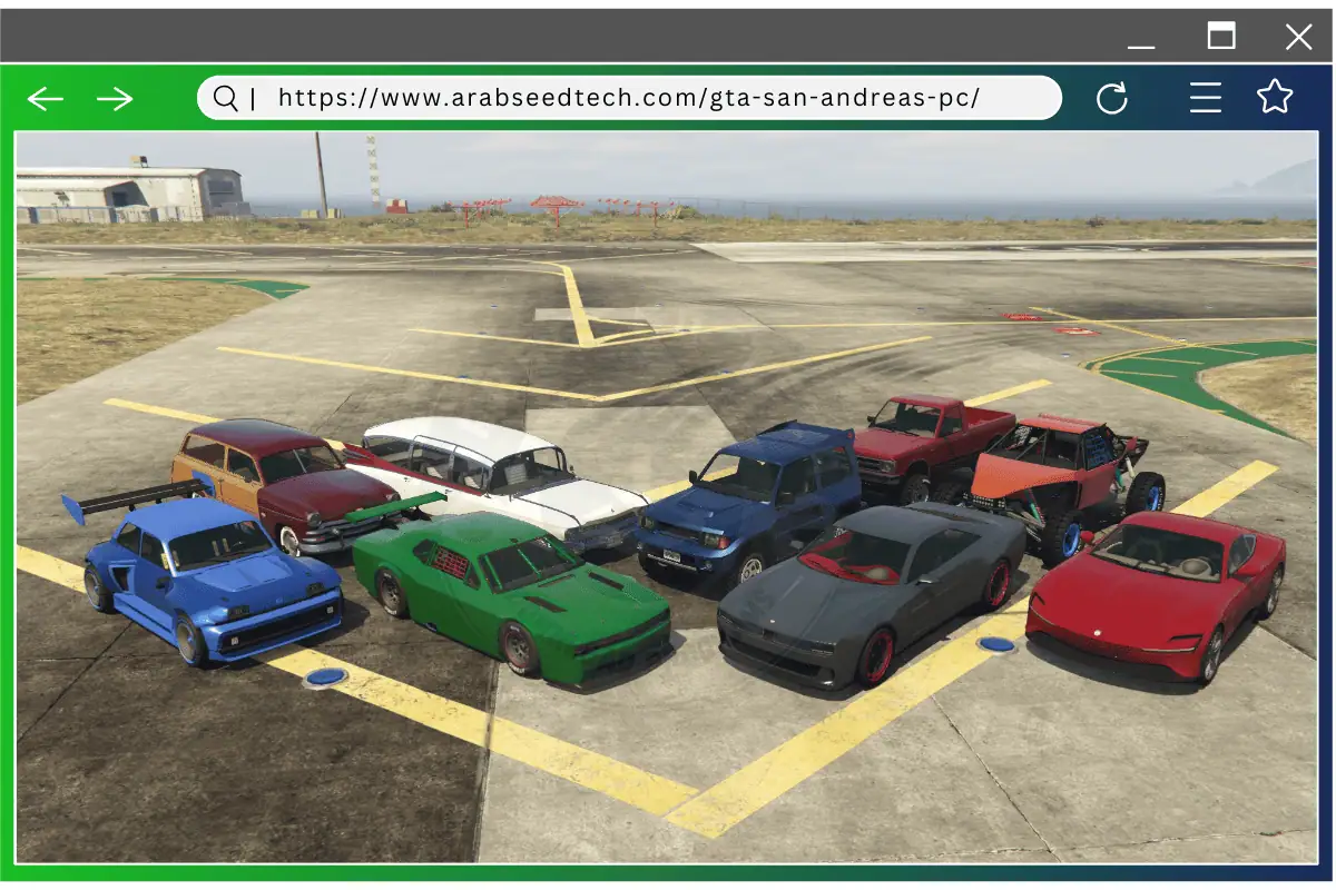 مجموعة متنوعة من المركبات من تحميل GTA San Andreas للكمبيوتر، تعرض السيارات والدراجات والشاحنات في بيئة حضرية نابضة بالحياة