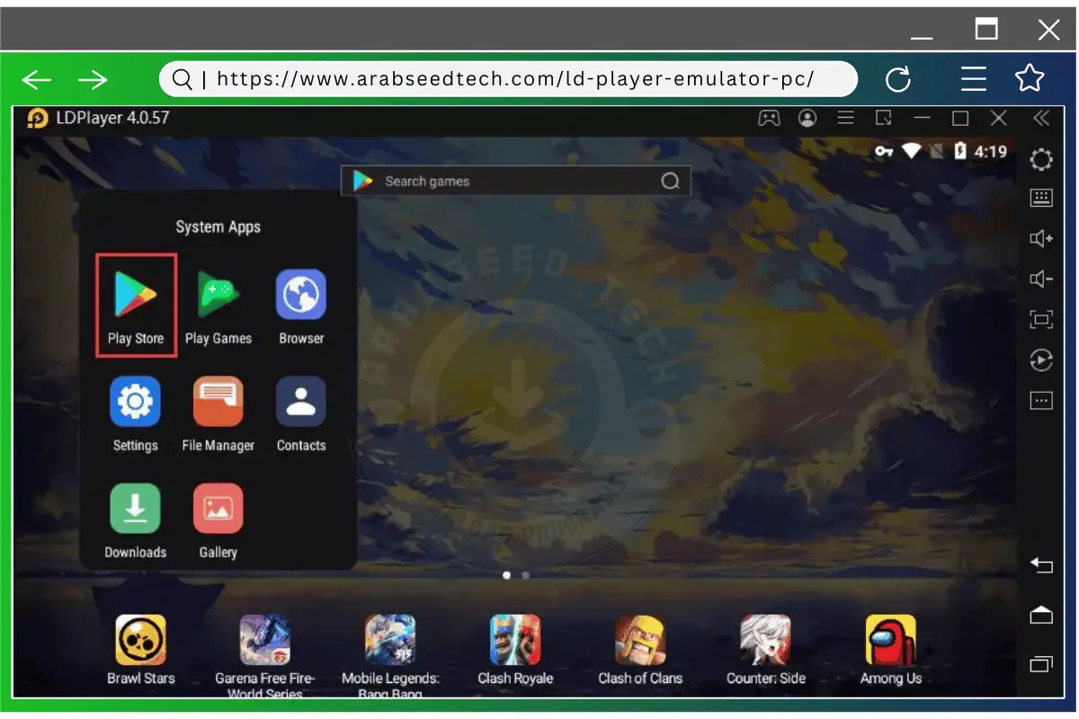 تمثيل مرئي لمشغل LD المتوفر على متجر Play، والمصمم لتشغيل الألعاب بسلاسة على أجهزة الكمبيوتر بنظام Android