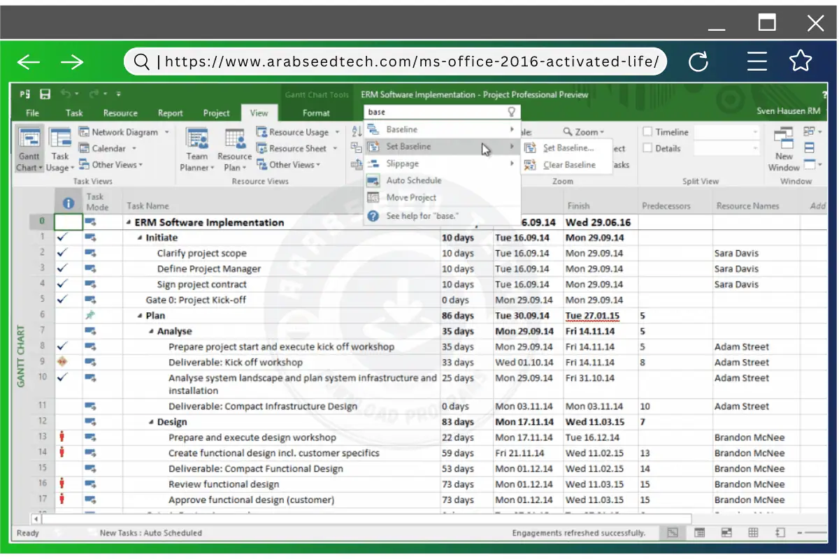 واجهة مشروع Office 2016، توضح الميزات الرئيسية لإدارة المشاريع، بما في ذلك تعيين المهام وتتبع التقدم