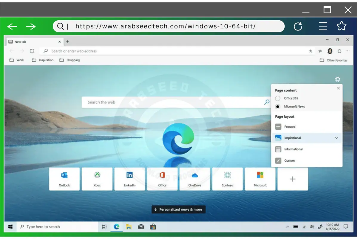 متصفح تحميل ويندوز 10 Edge يظهر على سطح المكتب، ويتميز بتصميم أنيق مع علامات تبويب وشريط بحث