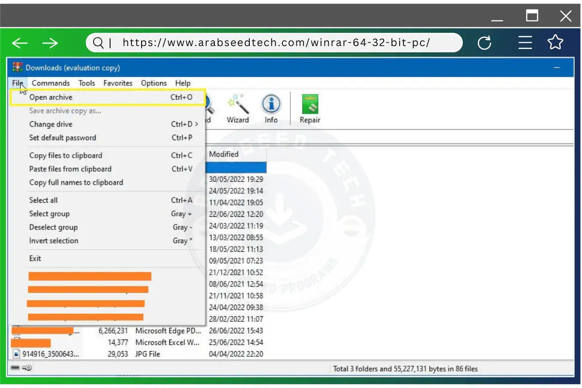 قسم ملفات تحميل winrar للكمبيوتر يعرض قائمة بالملفات المضغوطة، مما يسلط الضوء على سهولة إدارة الملفات واستخراجها