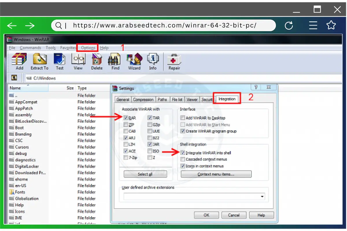 قسم الخيارات في واجهة تحميل winrar للكمبيوتر يعرض إعدادات مختلفة لتفضيلات ضغط الملفات واستخراجها